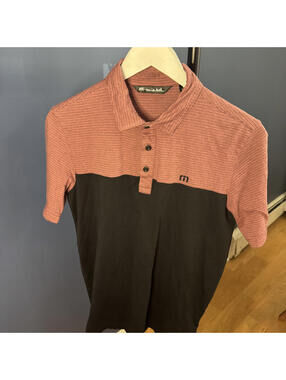 TravisMathew Men’s Polo Small Red Black Colorblock Striped Golf Pima Cotton